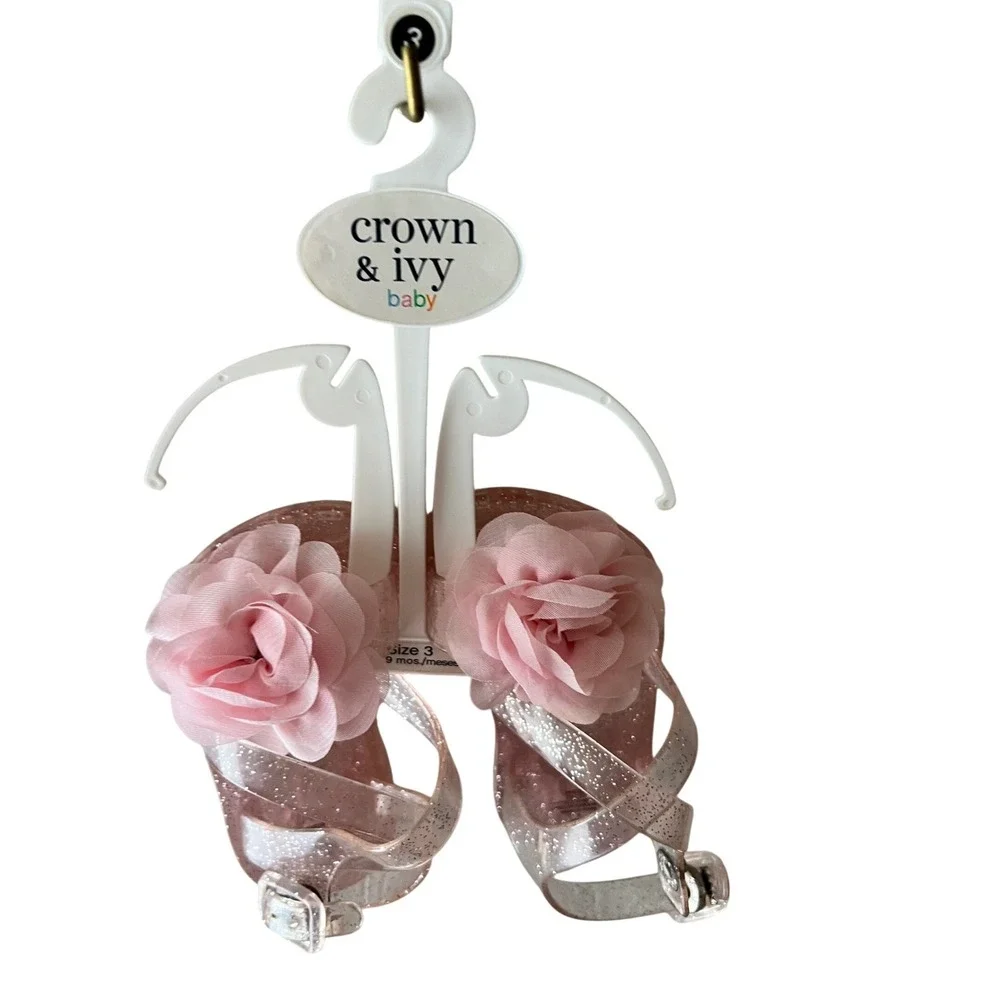 Crown & Ivy Baby Pink Glitter Jelly Sandals Rose Flower Size 3 6-9 Months NEW